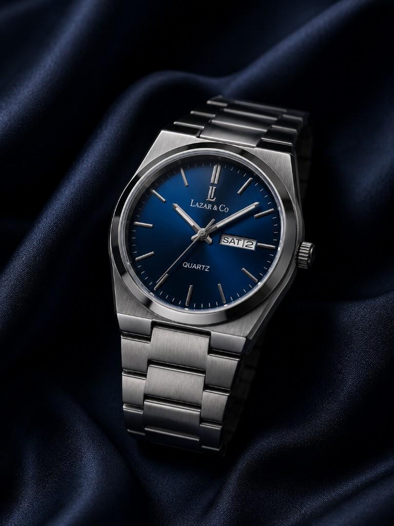 Montre Lazar & Co sur tissu bleu marine