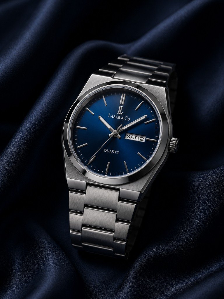 Montre Lazar & Co sur tissu bleu marine
